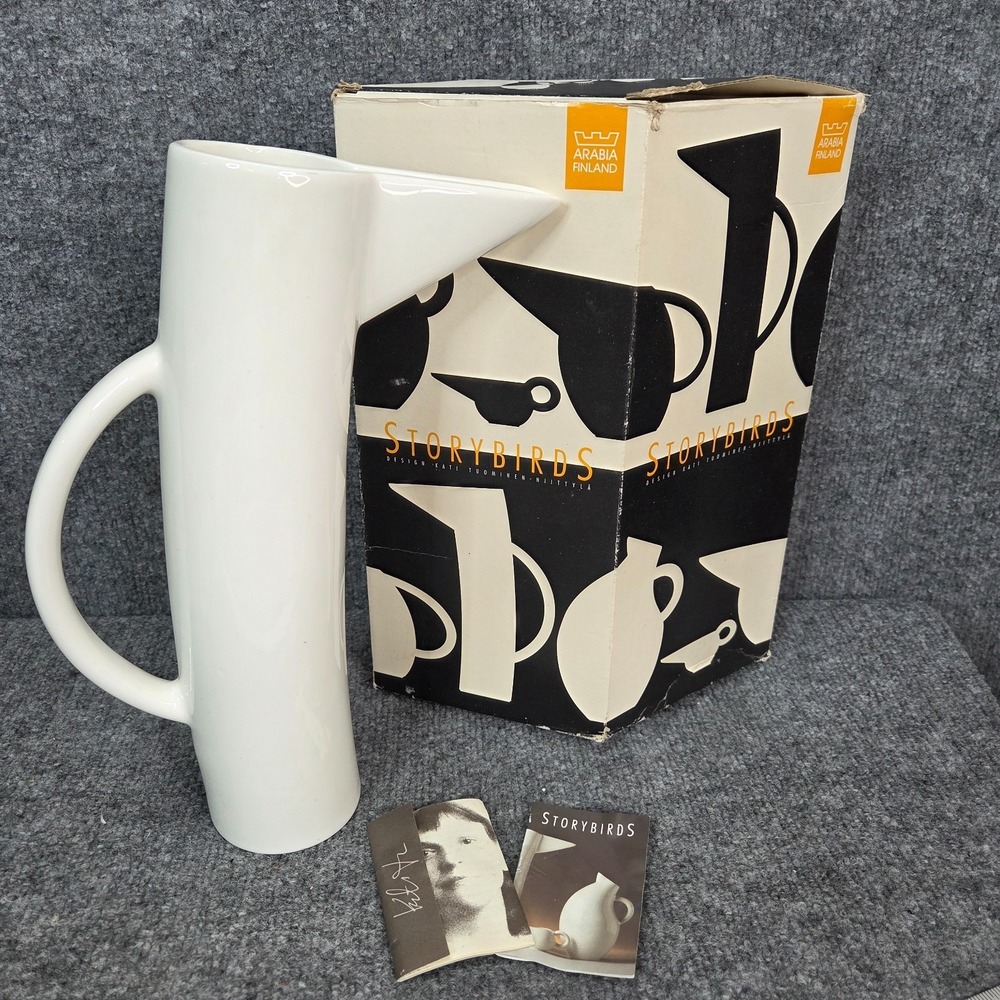 ARABIA FINLAND PITCHER JUG STORYBIRDS OLIVER WHITE 13" Abstract Minimalist MCM